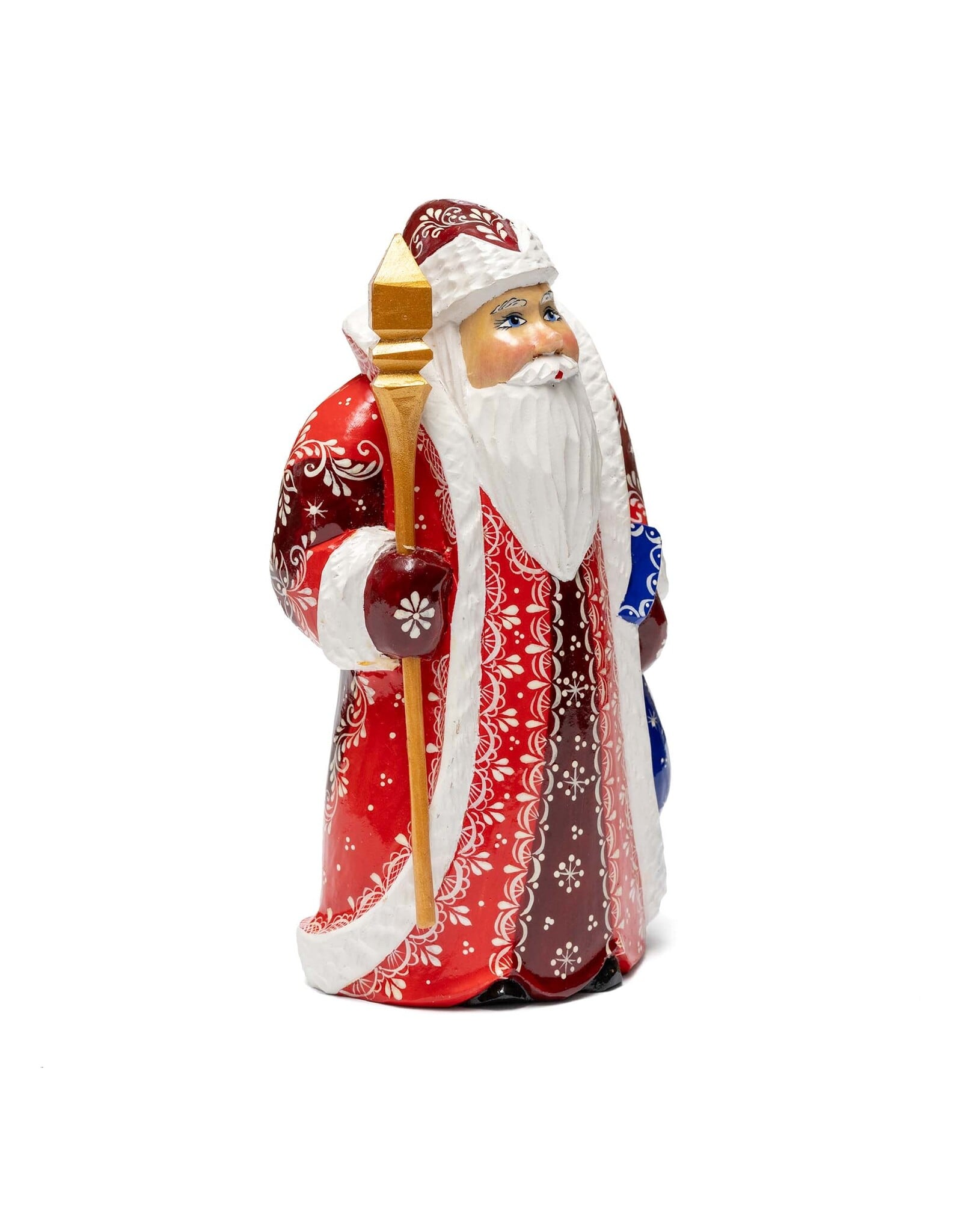 Hand Carved Grandfather Frost with Red Coat and Blue Sack