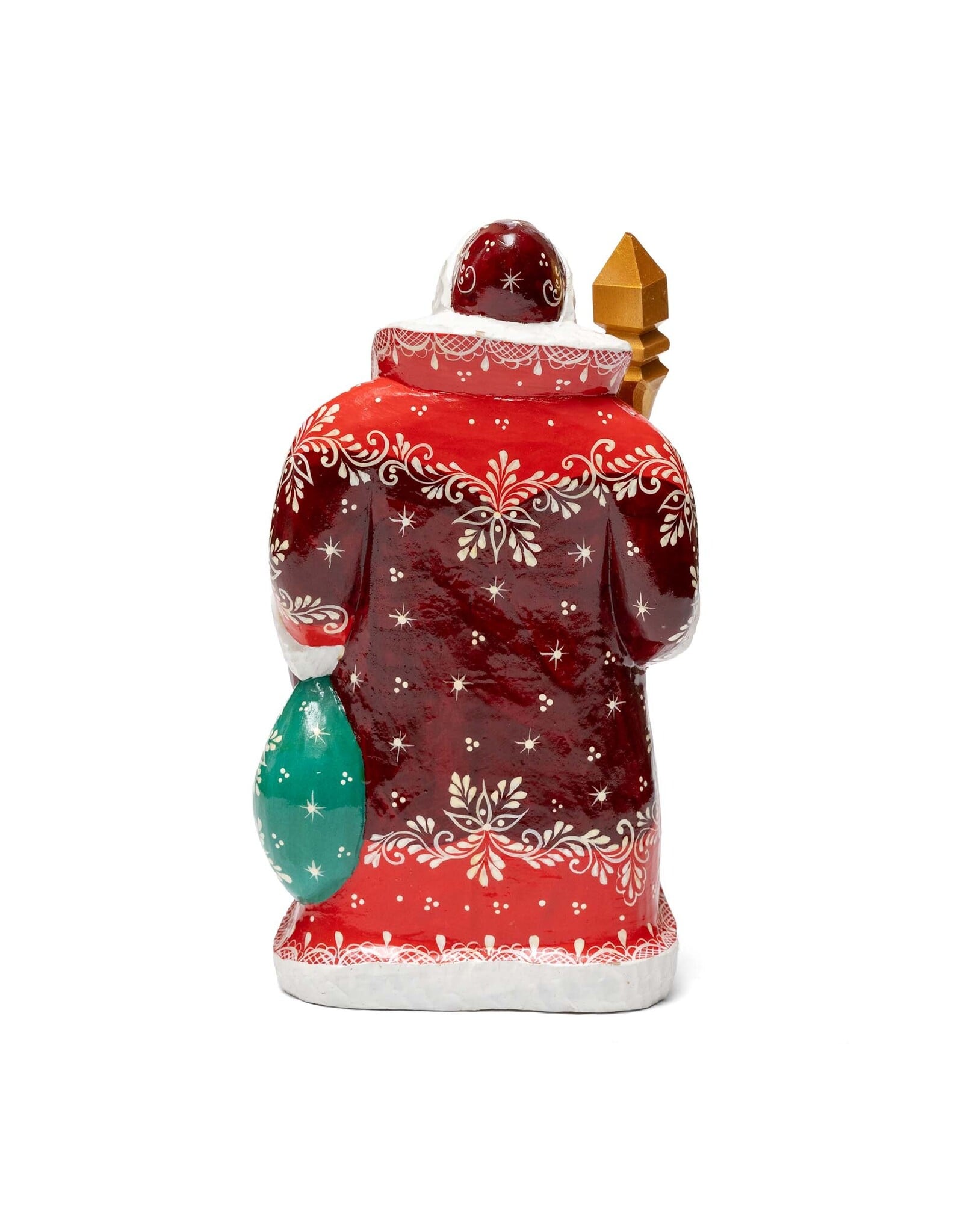 Hand Carved Grandfather Frost with Red Coat and Blue Sack