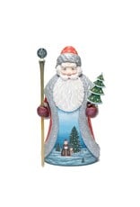 Carved Wood Father Frost with Tree and Purple Mittens