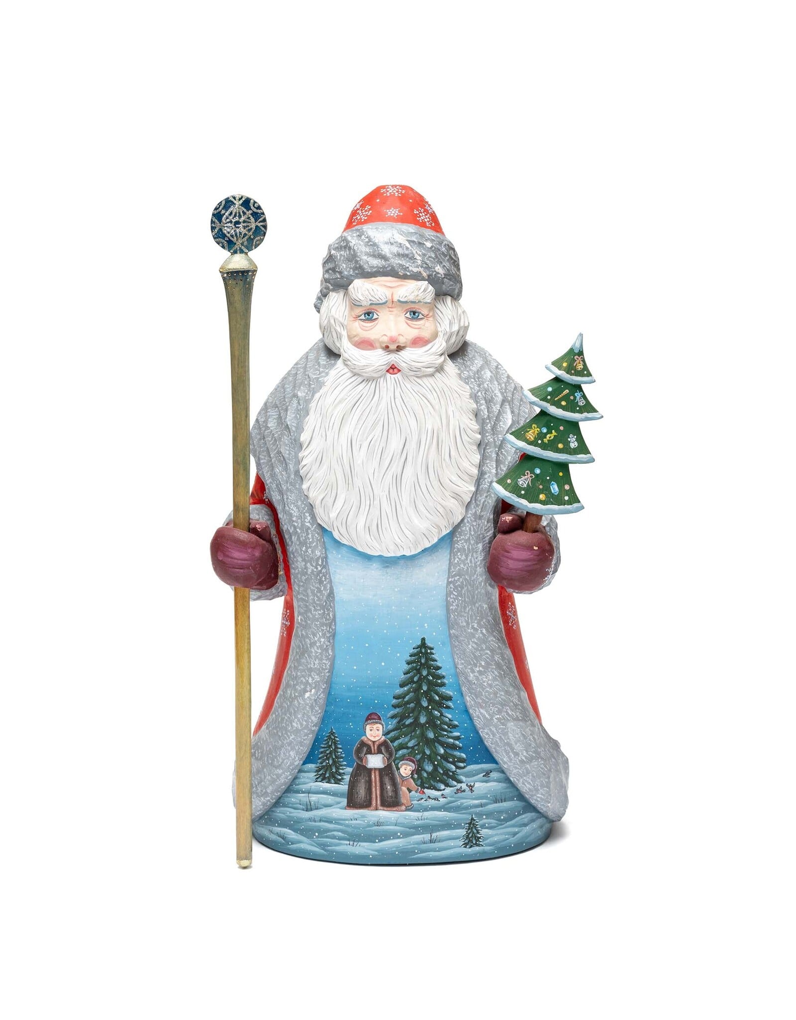Carved Wood Father Frost with Tree and Purple Mittens