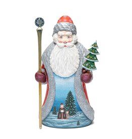 Carved Wood Father Frost with Tree and Purple Mittens