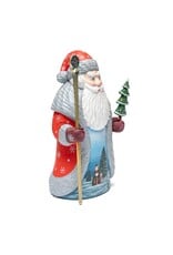 Carved Wood Father Frost with Tree and Purple Mittens