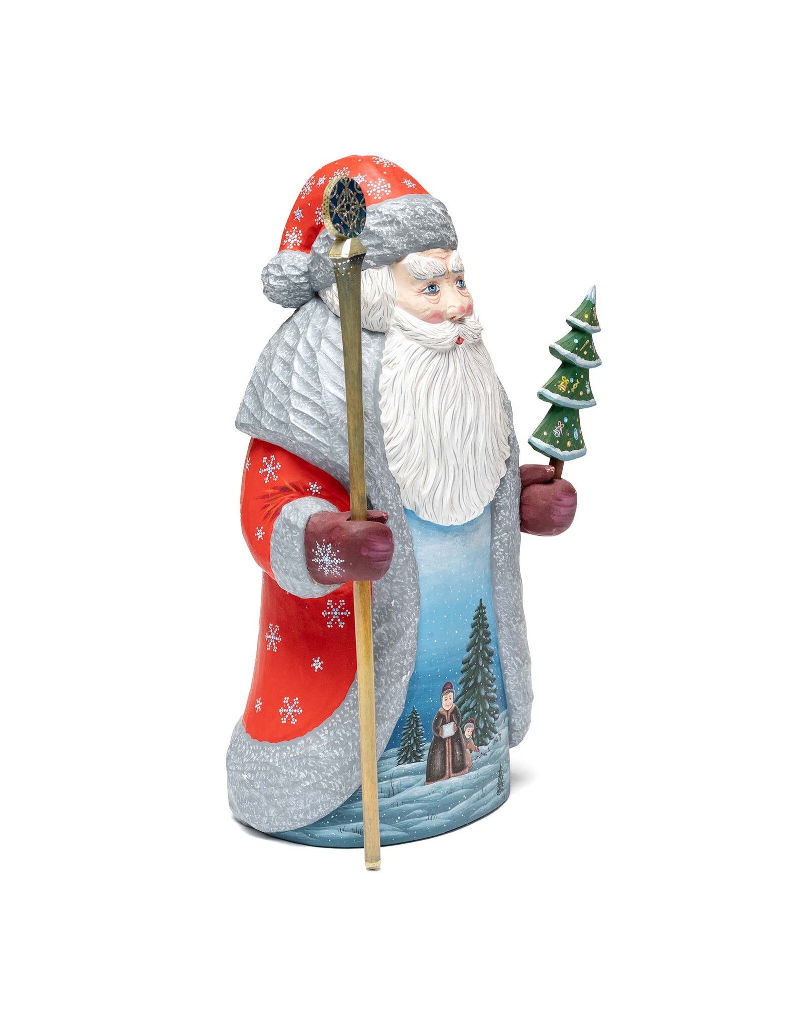 Carved Wood Father Frost with Tree and Purple Mittens