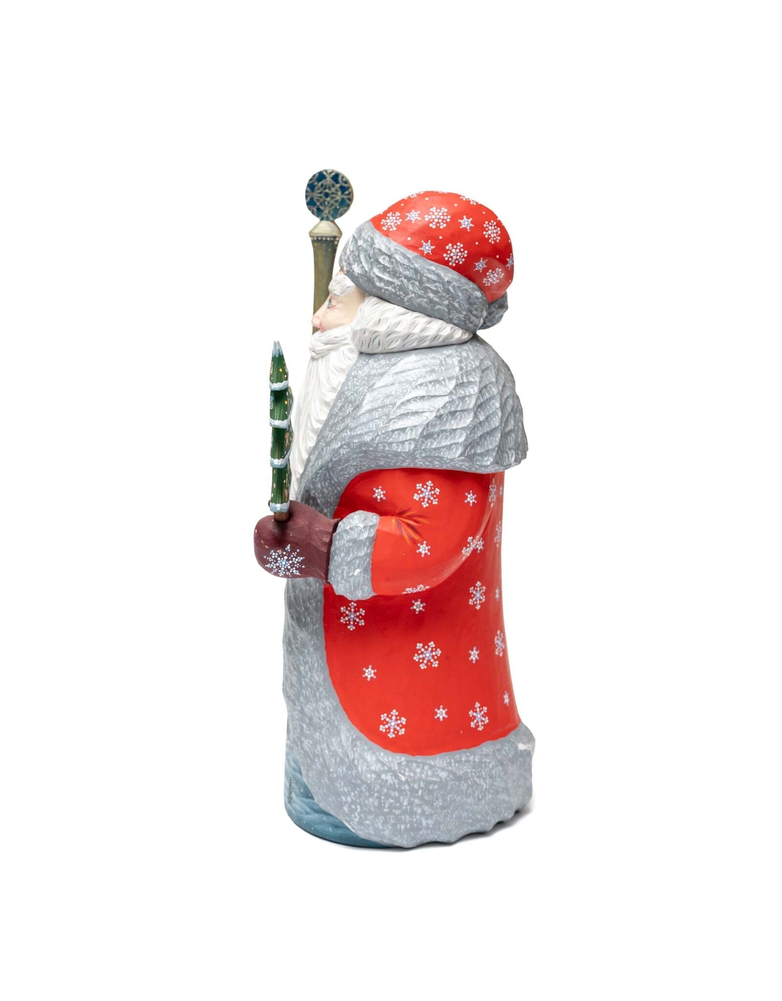 Carved Wood Father Frost with Tree and Purple Mittens