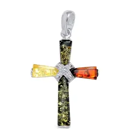 Cross Multicolor Amber Silver Pendant