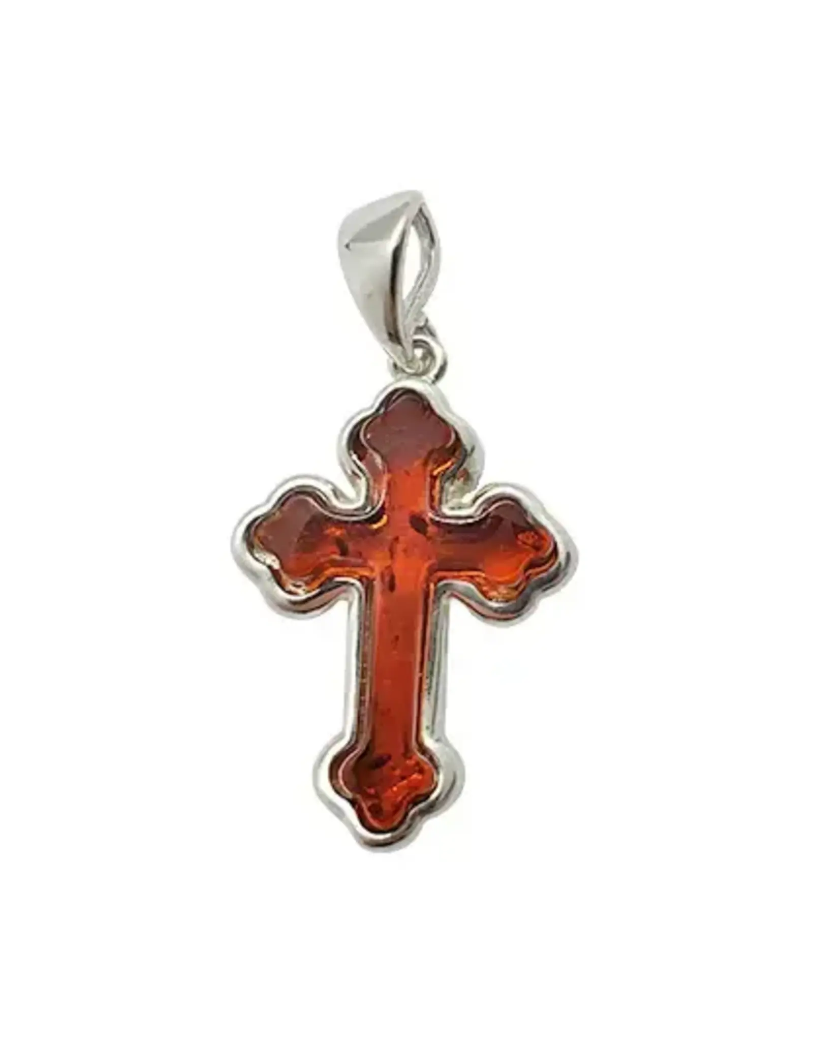 Amber Silver Single Cognac Stone Cross Pendant