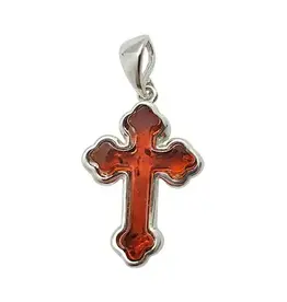 Amber Silver Single Cognac Stone Cross Pendant