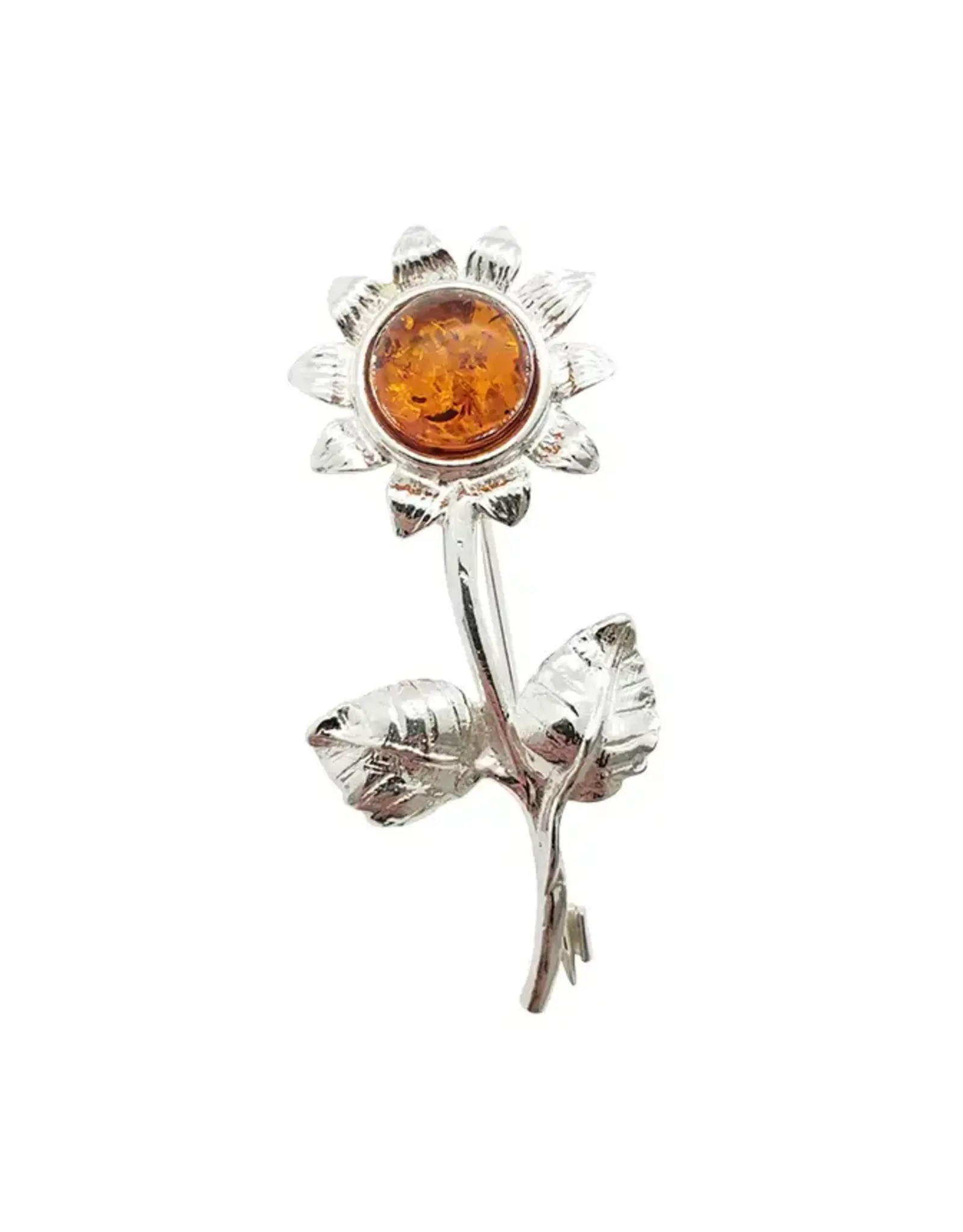Cognac Amber Silver Sunflower Brooch