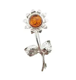 Cognac Amber Silver Sunflower Brooch