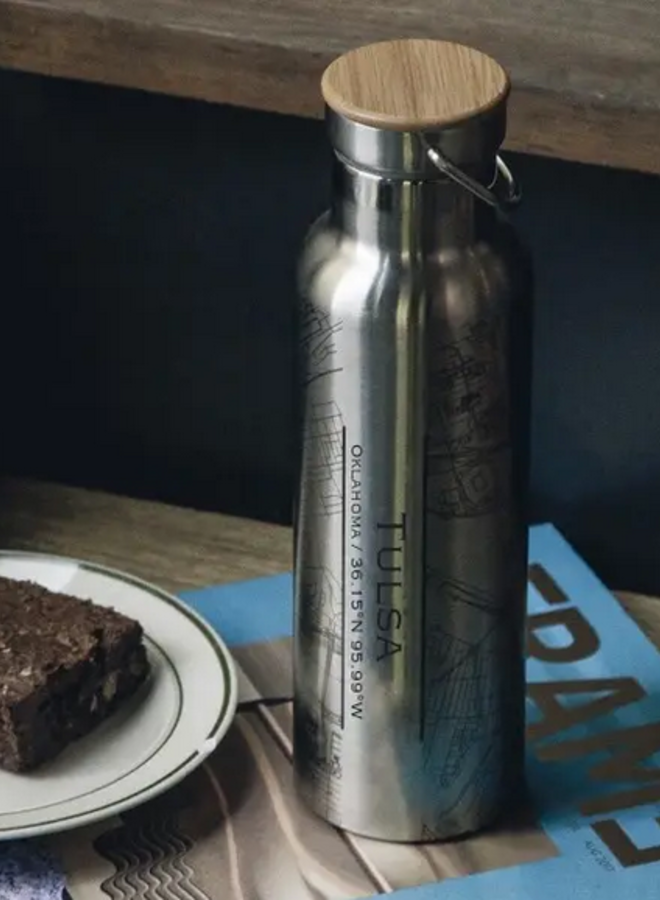Tulsa Map Bottle With Bamboo Top In Stainless Steel
