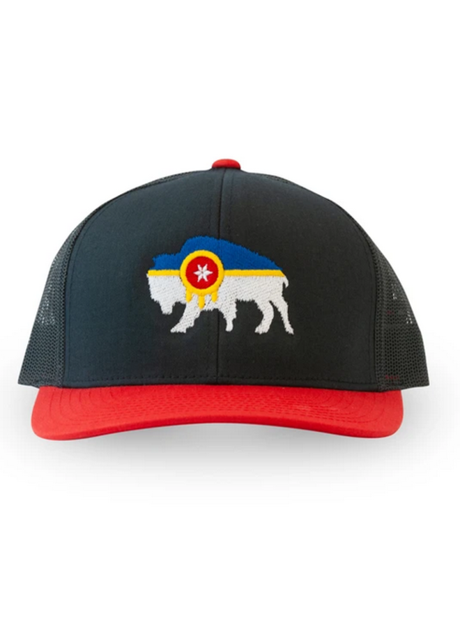 Bison Flag Snapback Trucker Hat - Tulsa Flag  - Red/Black