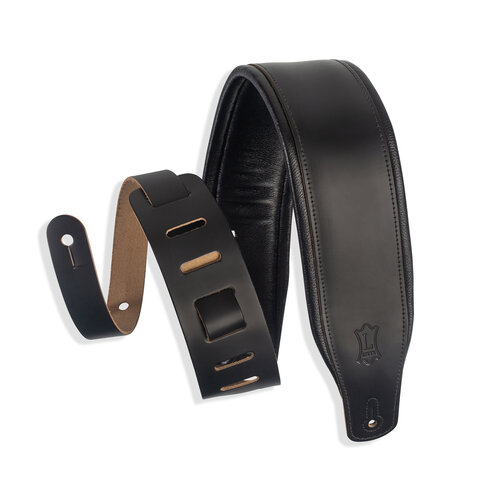 Levy's Levy's 3 Inch Top Grain Leather Guitar Strap In Black with 1/4 Inch Foam Wrapped In Black Garment Leather. Ladder Style Adjustment From 37 to 51 Inches.