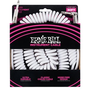 Ernie Ball Ernie Ball 30' Coiled Straight / Angle Instrument Cable - White