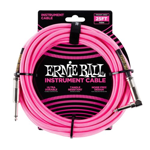 Ernie Ball Ernie Ball 25' Braided Straight / Angle Instrument Cable - Neon Pink Ernie Ball Ernie Ball 25' Braided Straight / Angle Instrument Cable - Neon Pink
