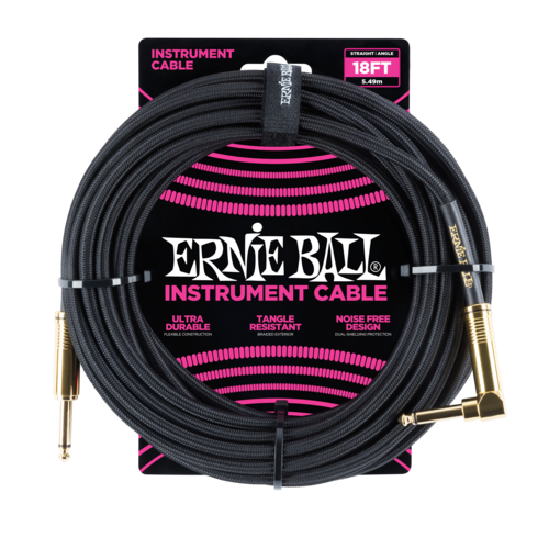 Ernie Ball Ernie Ball 18' Braided Straight / Angle Instrument Cable - Black w/Gold Connectors Ernie Ball Ernie Ball 18' Braided Straight / Angle Instrument Cable - Black w/Gold Connectors