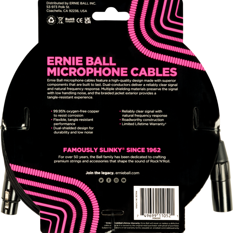Ernie Ball Ernie Ball 15' Braided XLR Microphone Cable, Black