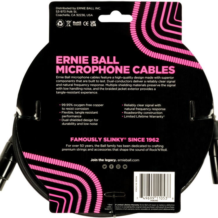Ernie Ball Ernie Ball 20' Braided XLR Microphone Cable, Black