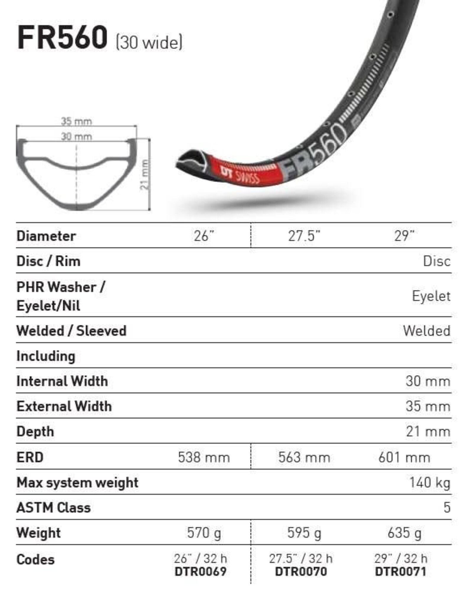 DT Swiss DT SWISS FR560 27.5" 32H RIM BLACK 30MM WIDE ERD 563MM