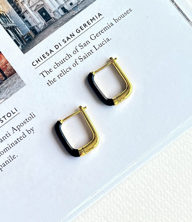 Enamel Black/Gold U Hoop Earrings