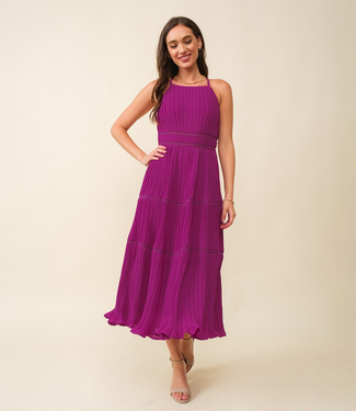 Just Me Magenta Halter Pleated Dress