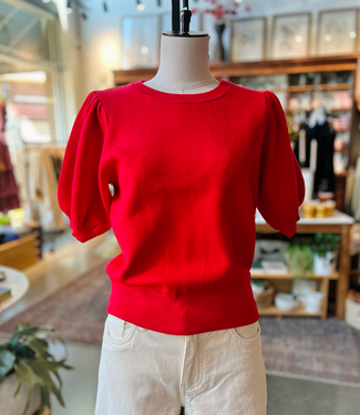 Red Short Puff Sleeve Knit Top