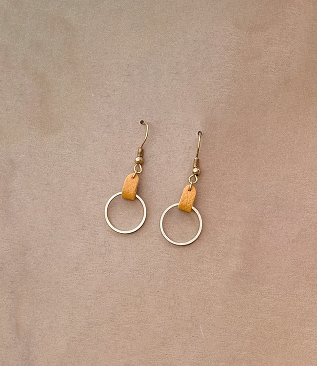 Yellow Leather Brass Sm Circle Earring
