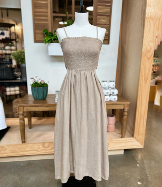 Allie Rose Beige Linen Smocked Side Cutout Midi Dress