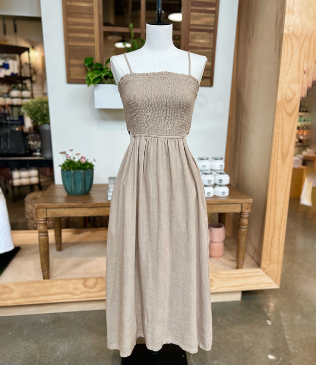 Beige Linen Smocked Side Cutout Midi Dress