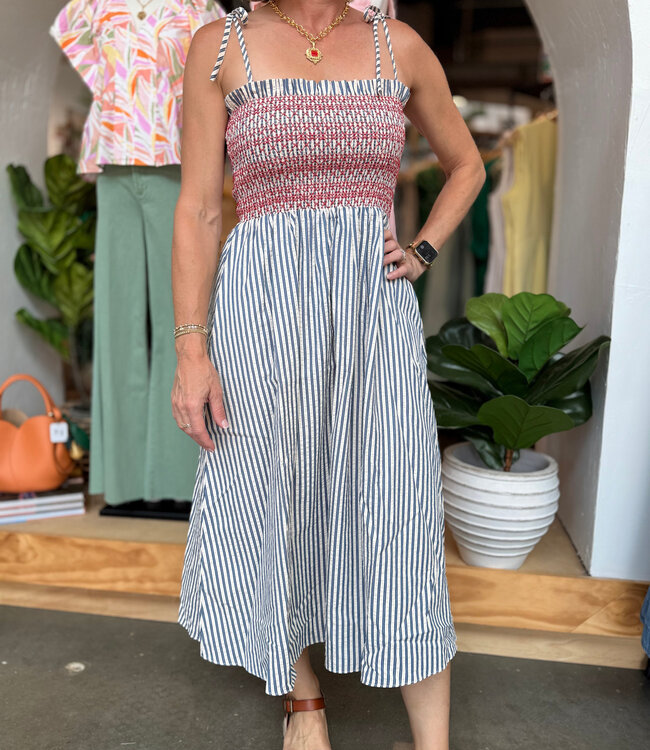 Blue White Striped Smocked Sundress