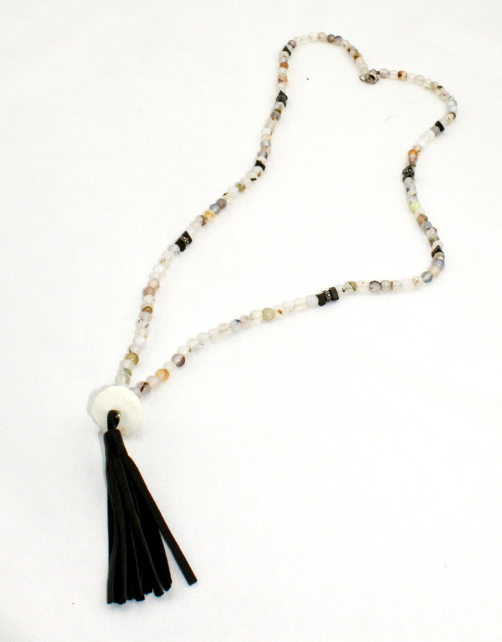 Jewelry By Barbara Agate/Pyrite/Black Leather Tassel Necklace