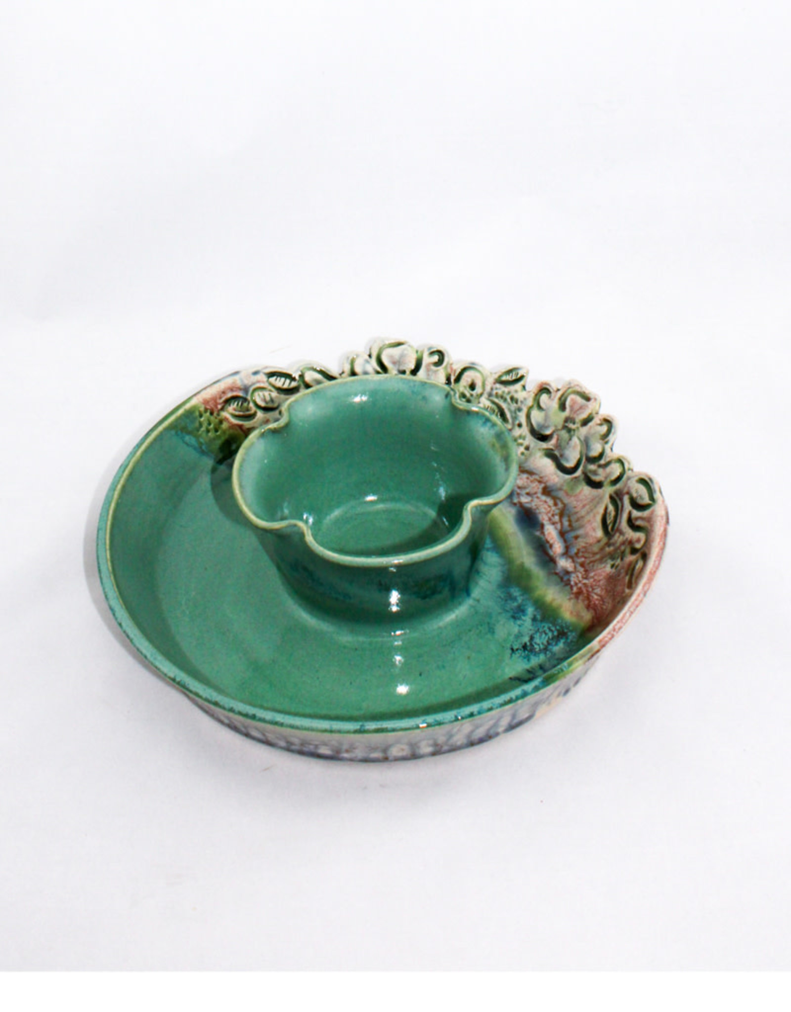 Earth Tones Pottery Chip & Dip Carved Edge - Green