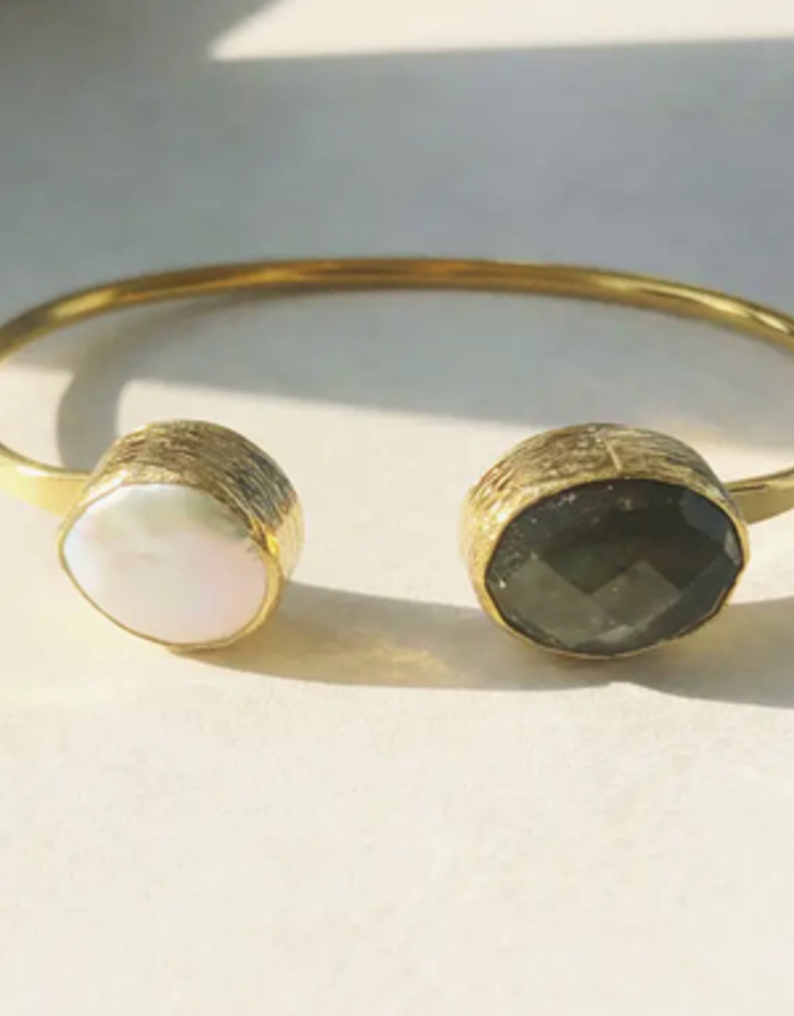 Chakarr Jewelry 2-Stone Open Bangle- Labradorite/Pearl