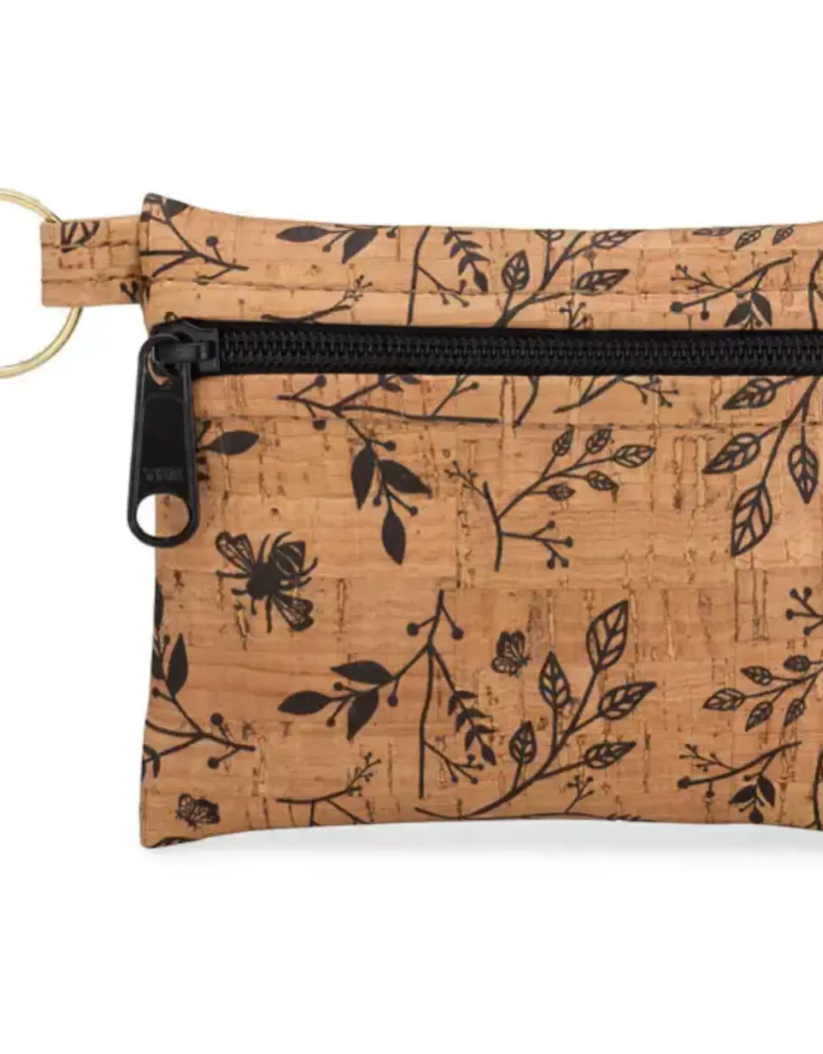 Natalie Therese Cork Zipper Pouch With Key Ring-  Black Floral