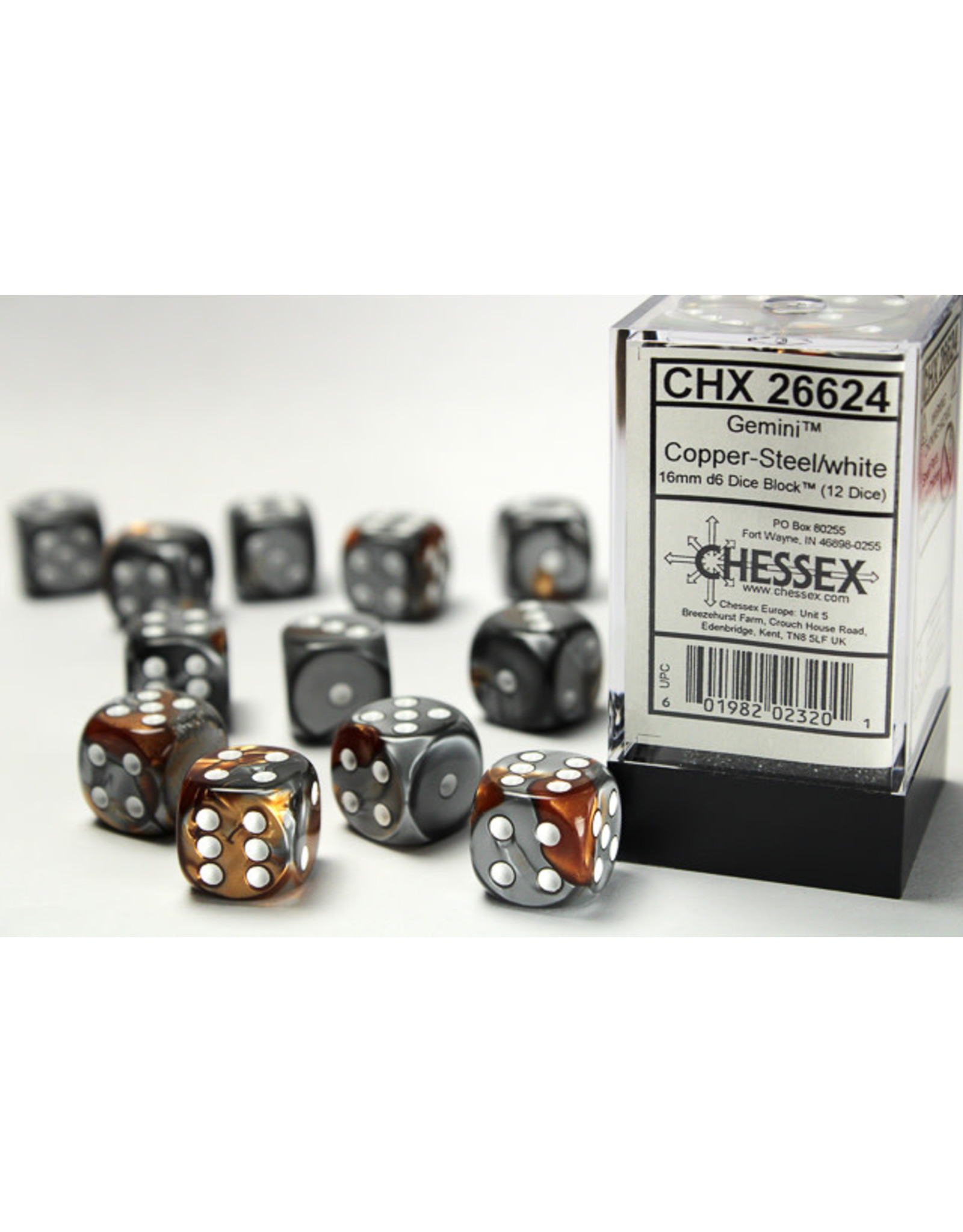 Chessex CHX26624 Gemini: 16mm D6 Copper Steel/White (12)