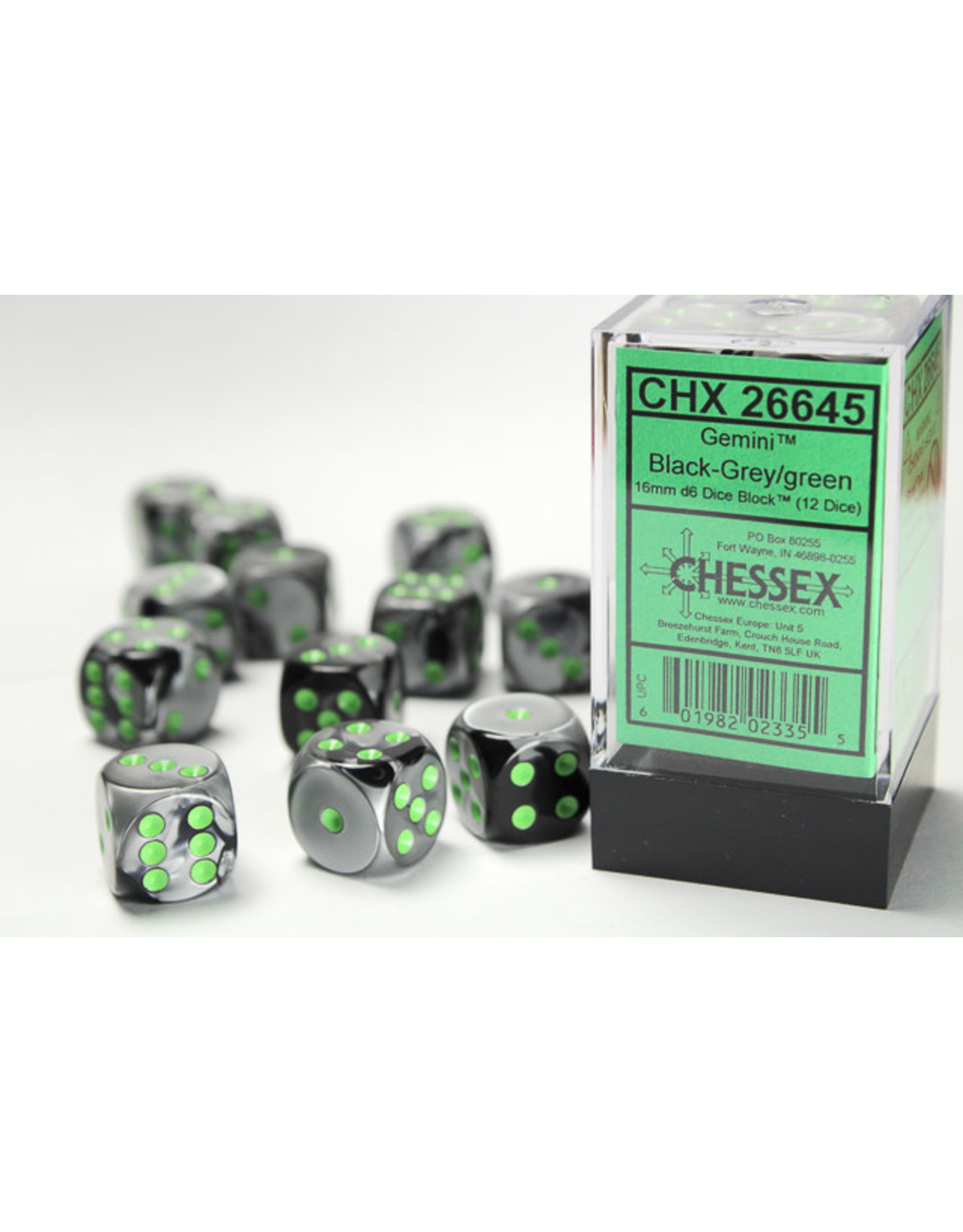 Chessex CHX26645 Gemini 5: 16mm D6 Black Gray/Green (12)