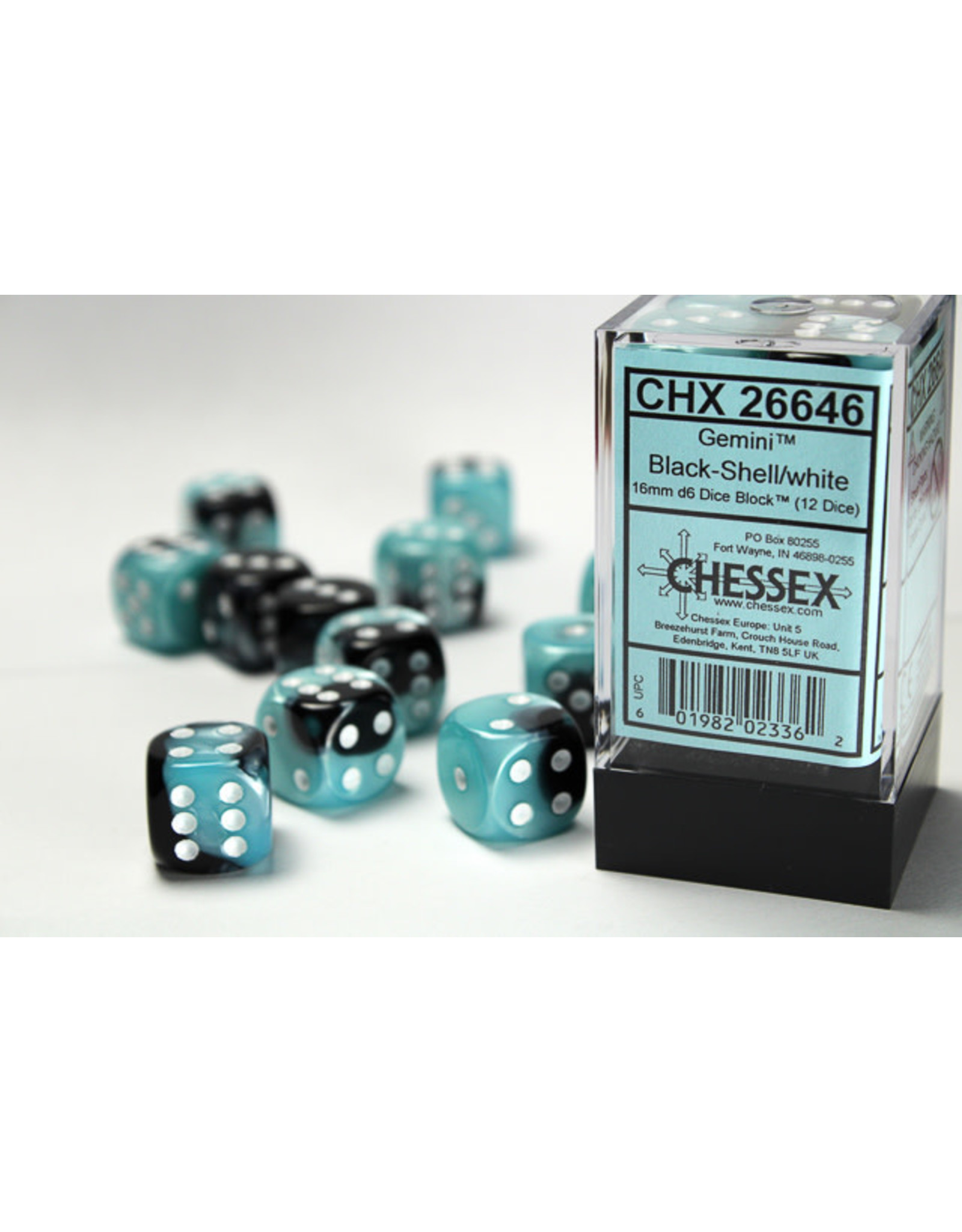 Chessex CHX26646 Gemini 5: 16mm D6 Black Shell/White (12)