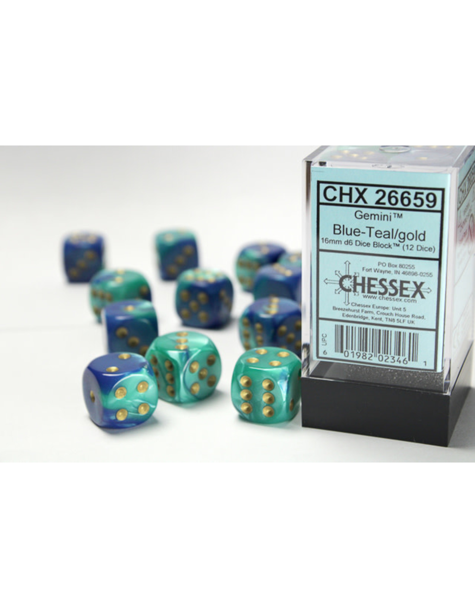 Chessex CHX26659 Gemini 7: 16mm D6 Blue/Teal/Gold (12)