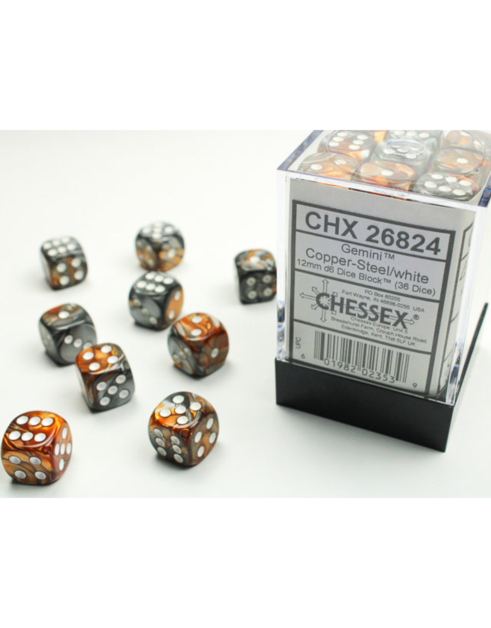 Chessex CHX26824 Gemini: 12mm D6 Copper Steel/White (36)