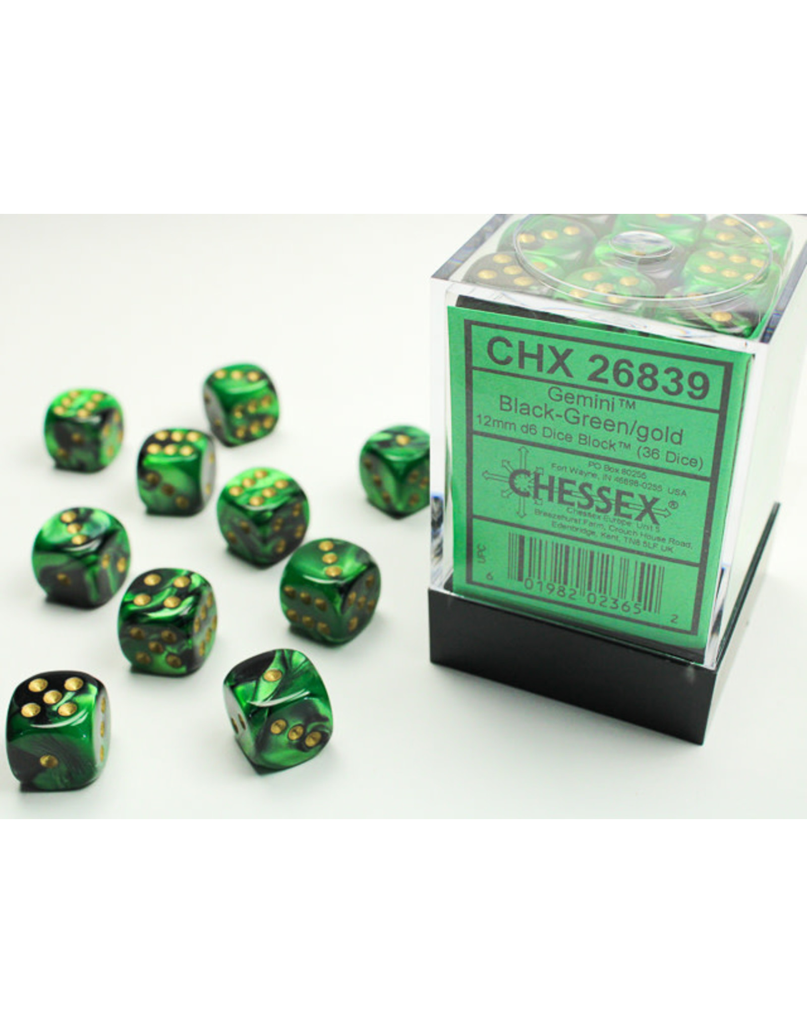 Chessex CHX26839 Gemini 4: 12mm D6 Black Green/Gold (36)
