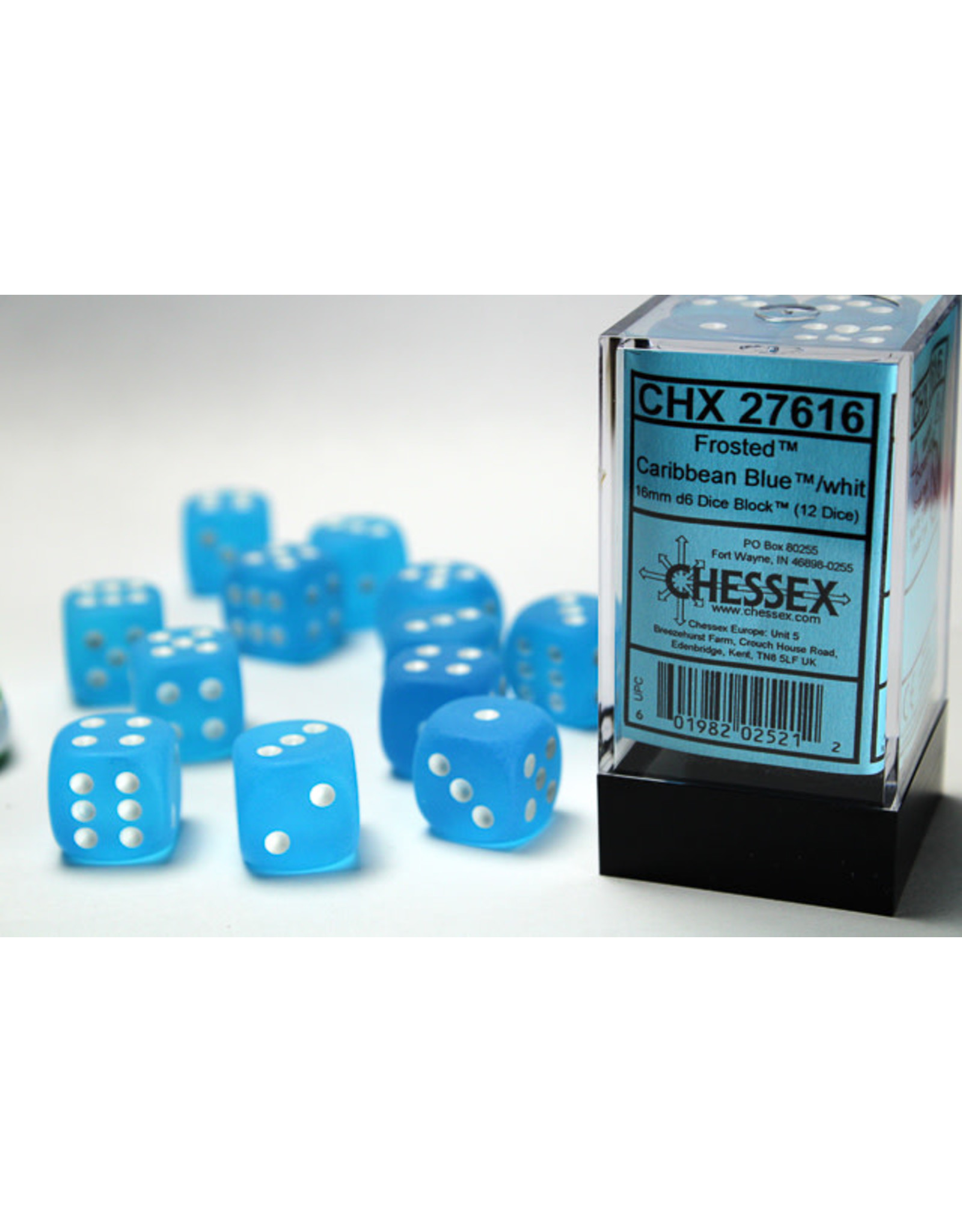 Chessex CHX27616 Frosted:16mm D6 Carib Blue/White Block (12)
