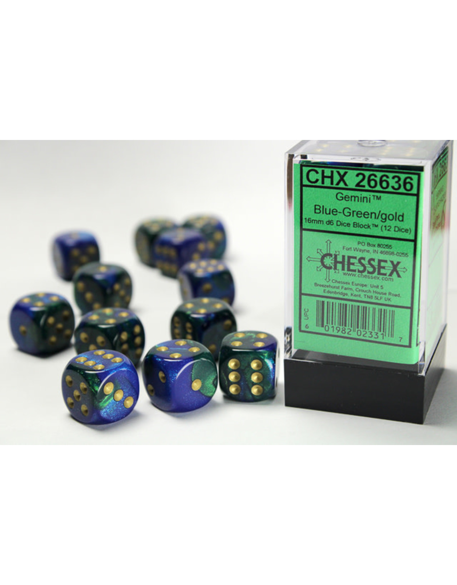 Chessex CHX26636 Gemini 3: 16mm D6 Blue Green Gold/Black (12)
