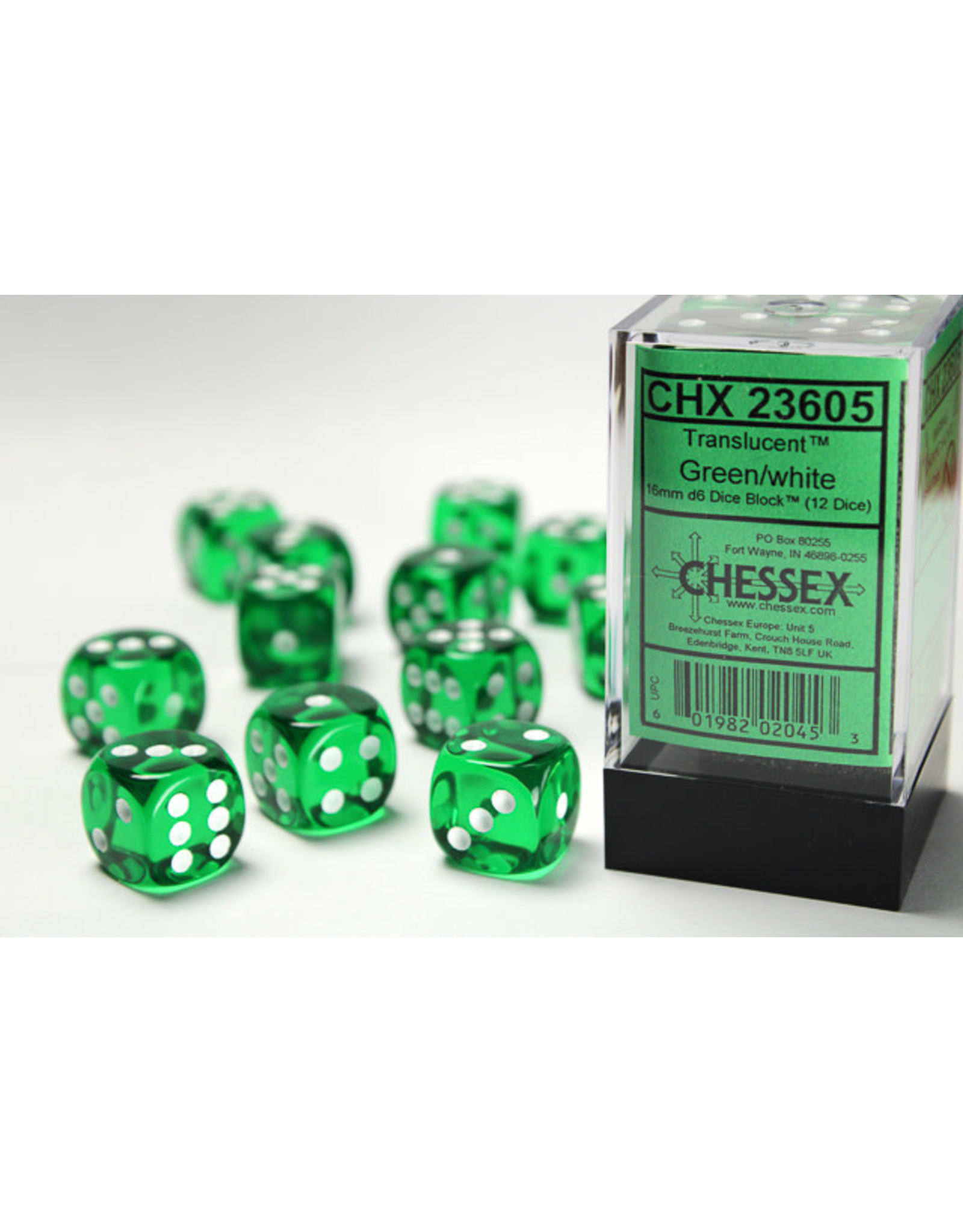 Chessex CHX23605 Translucent: 16mm D6 Green/White (12)