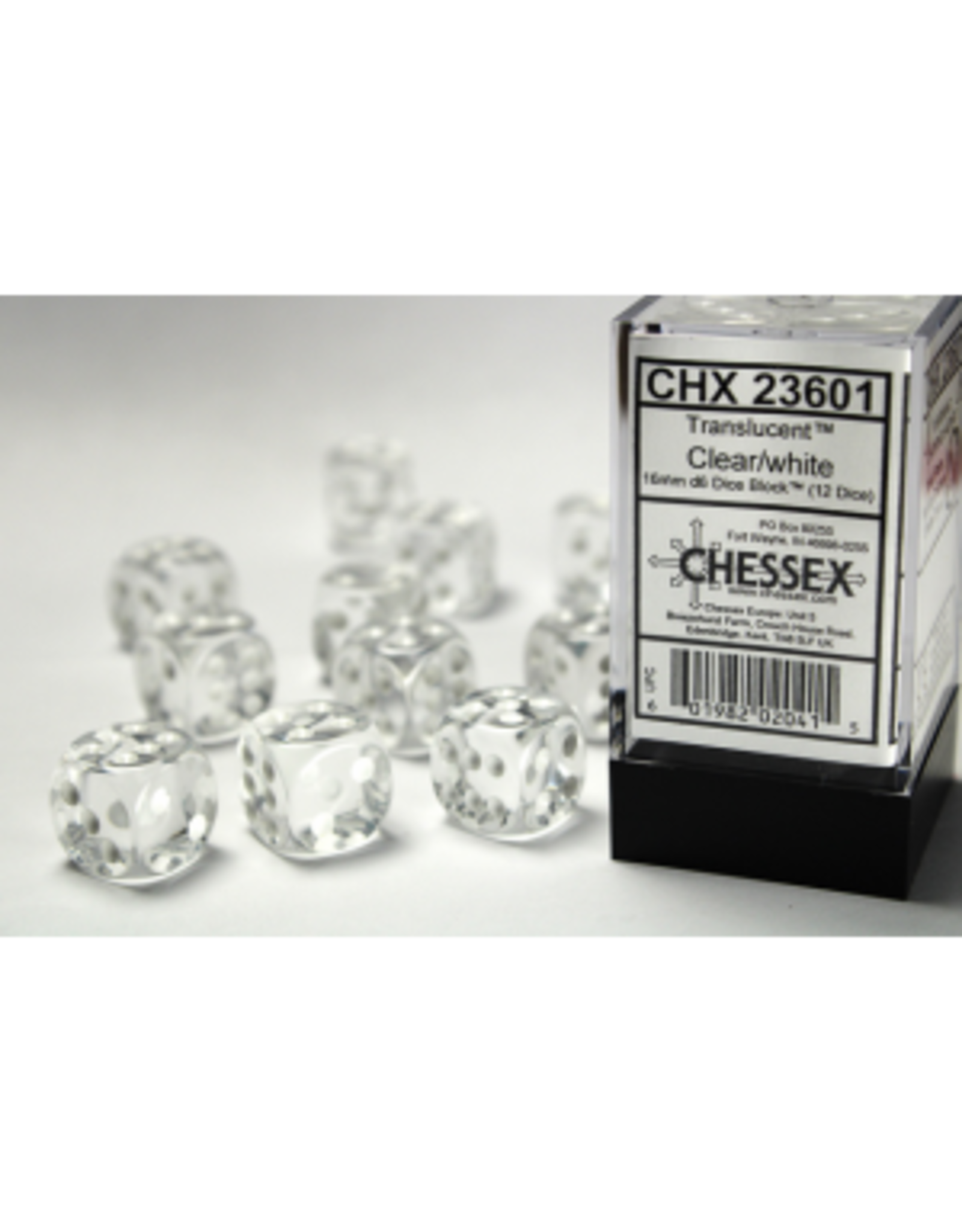 Chessex CHX23601 Translucent: 16mm D6 Clear/White (12)