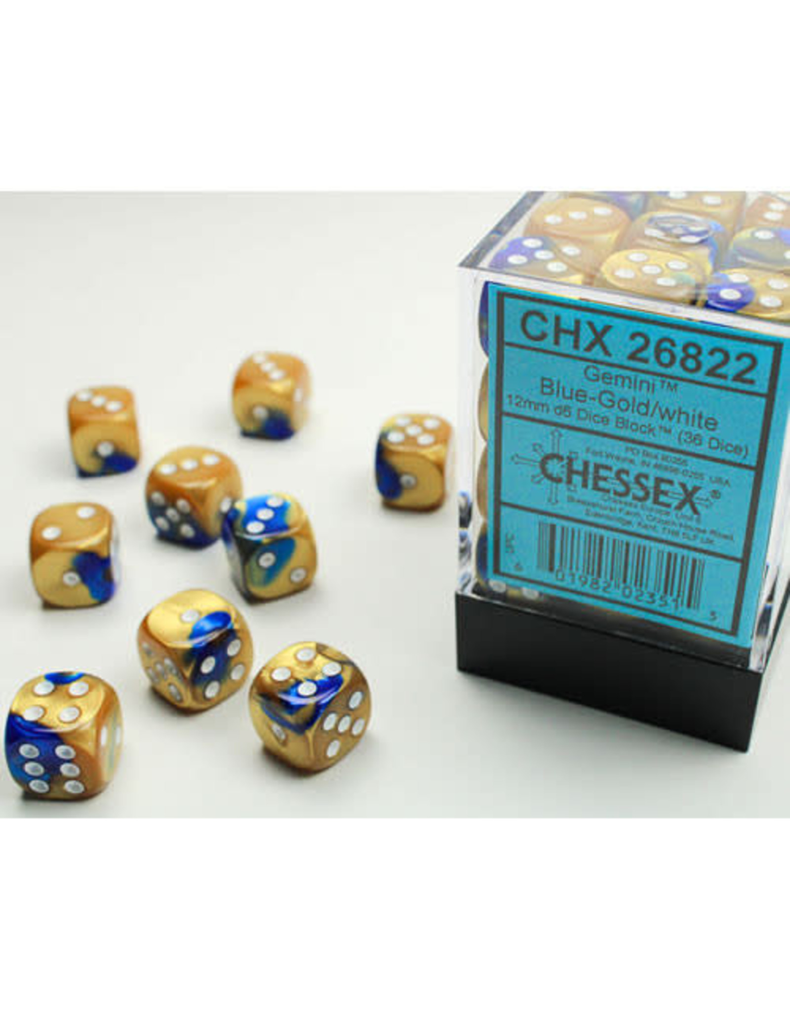 Chessex CHX26822 Gemini: 12mm D6 Blue Gold/White (36)