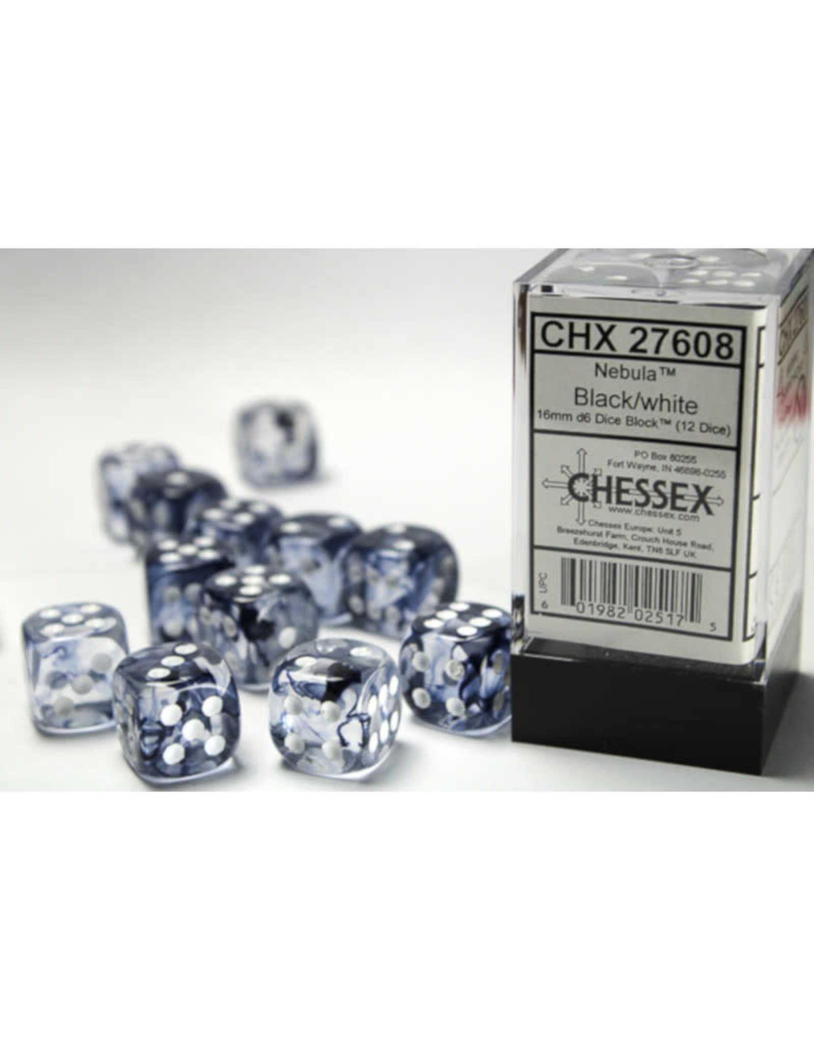 Chessex CHX27608 Nebula: 16mm D6 Black/White Block (12)