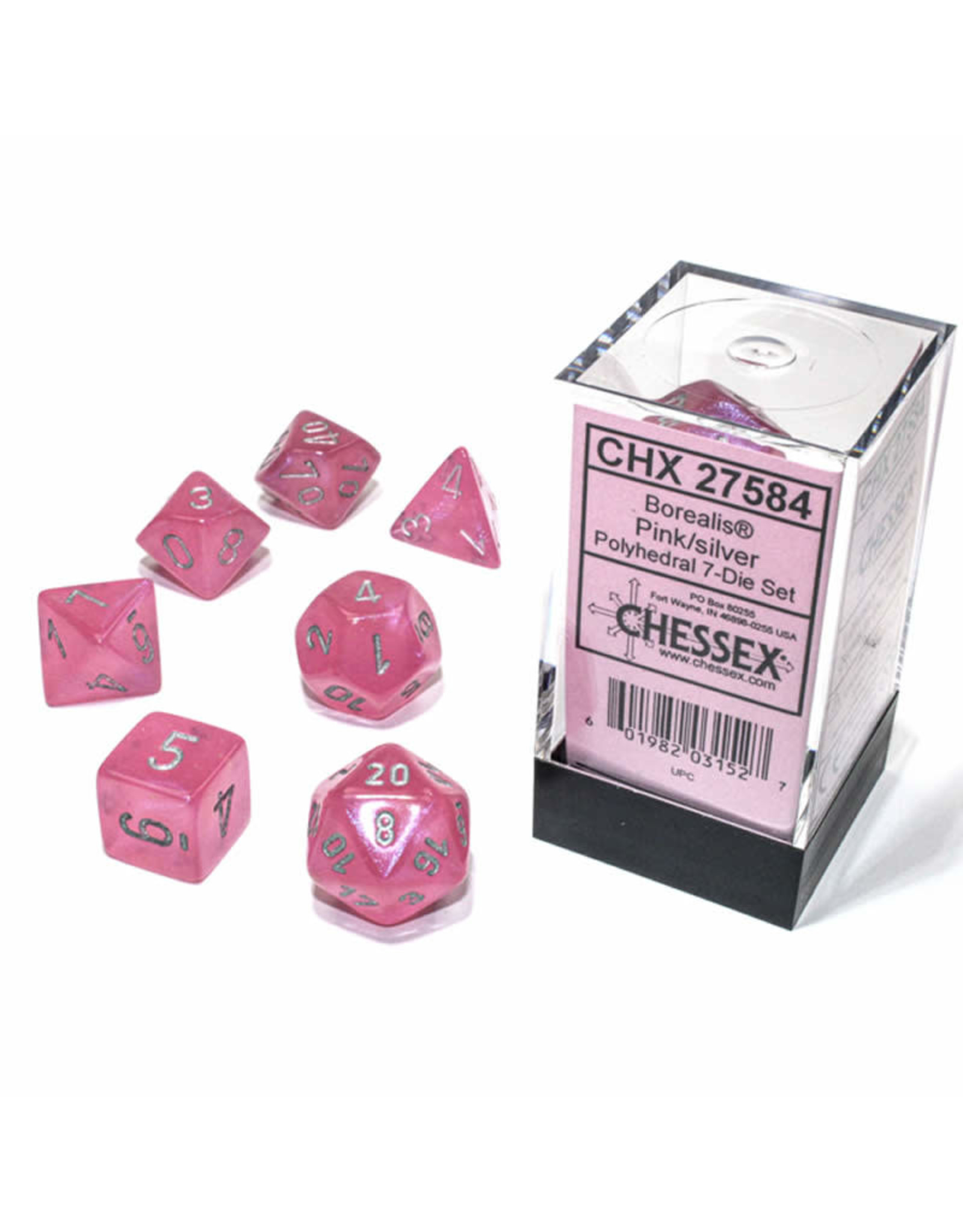 Chessex CHX27584 Borealis: Polyhedral Pink/silver Luminary 7-Die Set