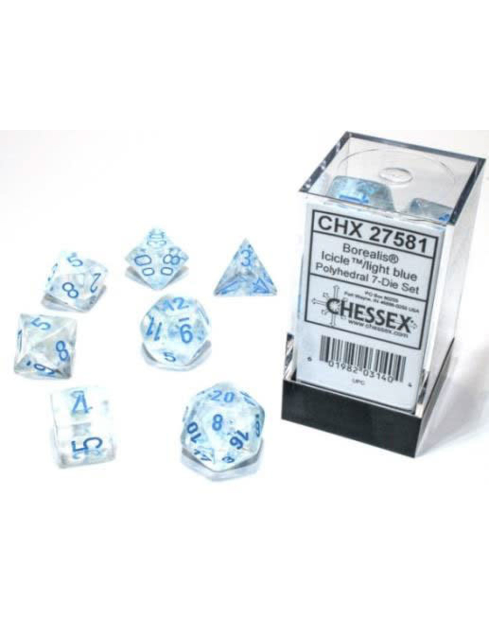 Chessex CHX27581 Borealis: Polyhedral Icicle/light blue Luminary 7-Die Set