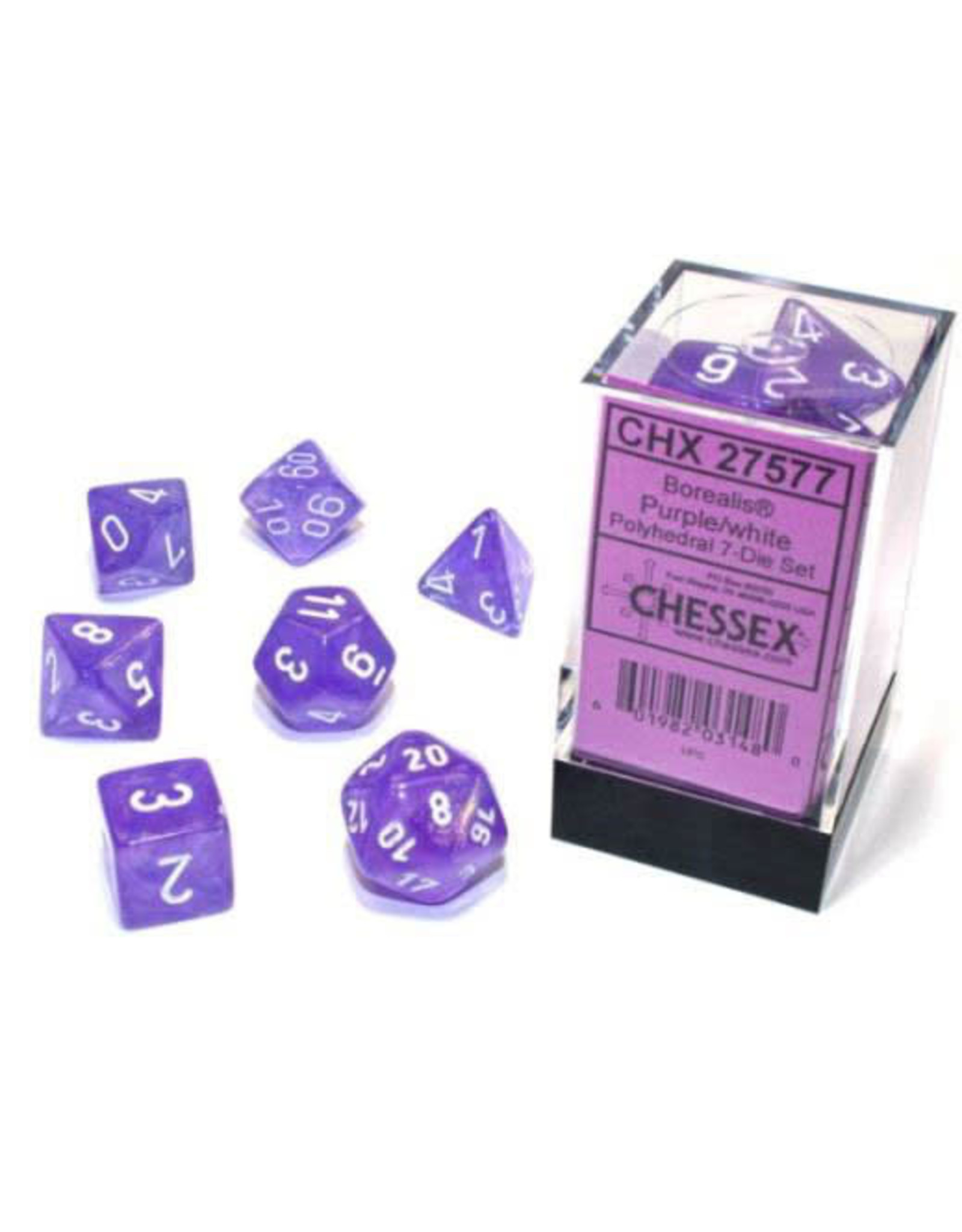 Chessex CHX27577 Borealis: Polyhedral Purple/white Luminary 7-Die Set