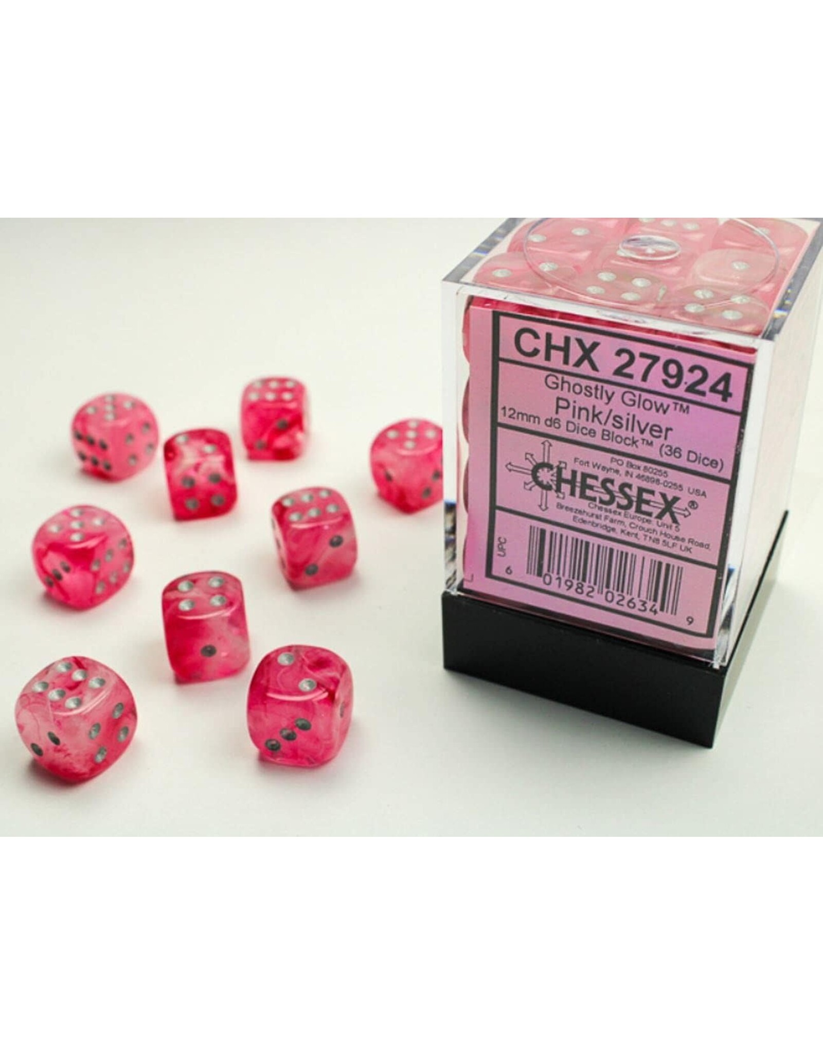 Chessex CHX27924  Ghostly: 12mm d6  Pink/Silver Block (36 dice)