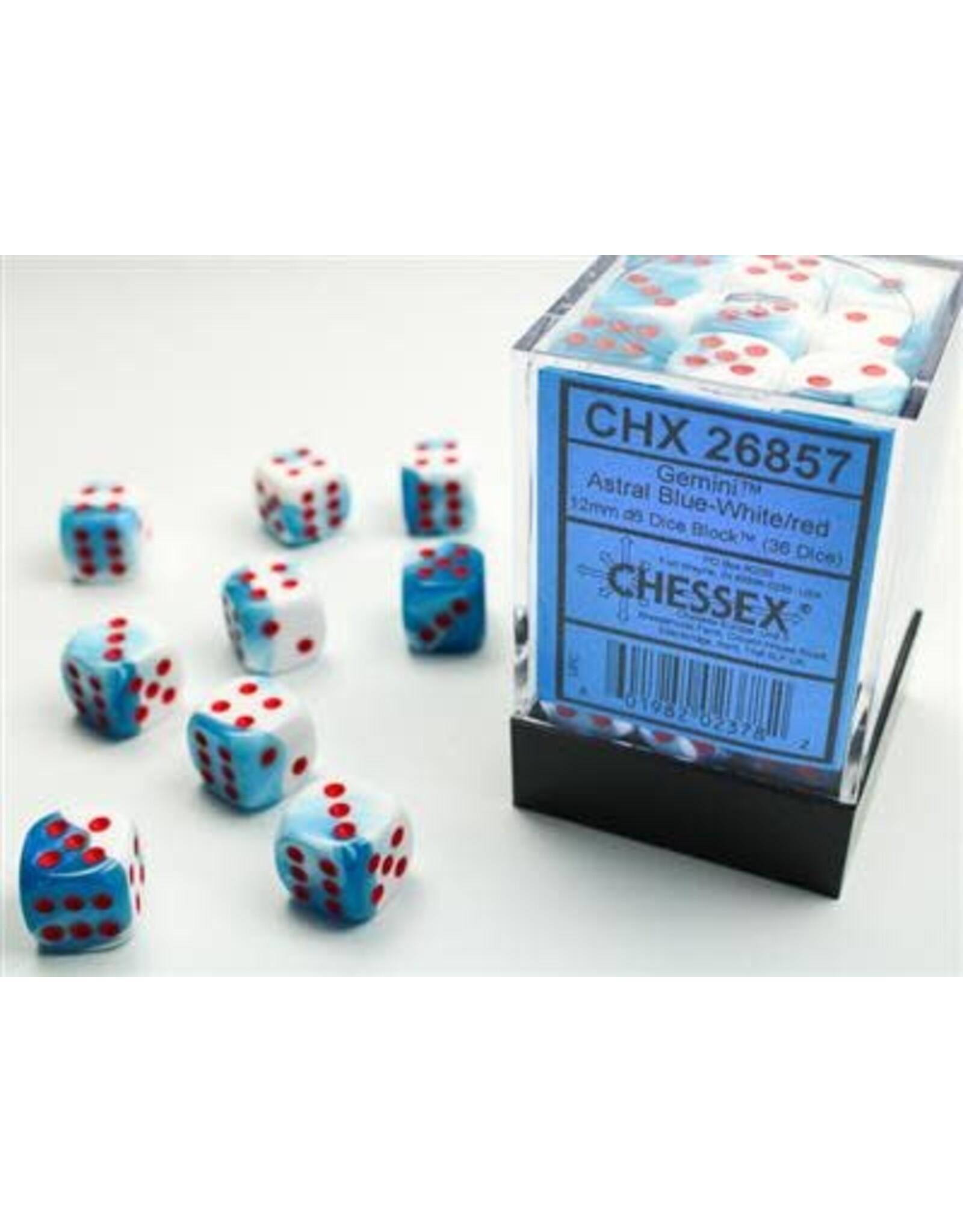 Chessex CHX26857 Gemini 5: 12mm D6 Astral Blue-White/red Dice (36 dice)
